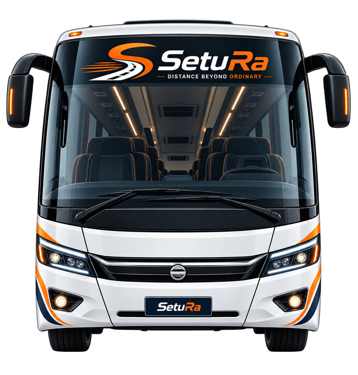 Front view of a SetuRa coach with its cabin lit and reclining seats visible